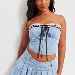 PrettyLittleThing Light Blue Denim Lace-Trim Strapless Crop Top